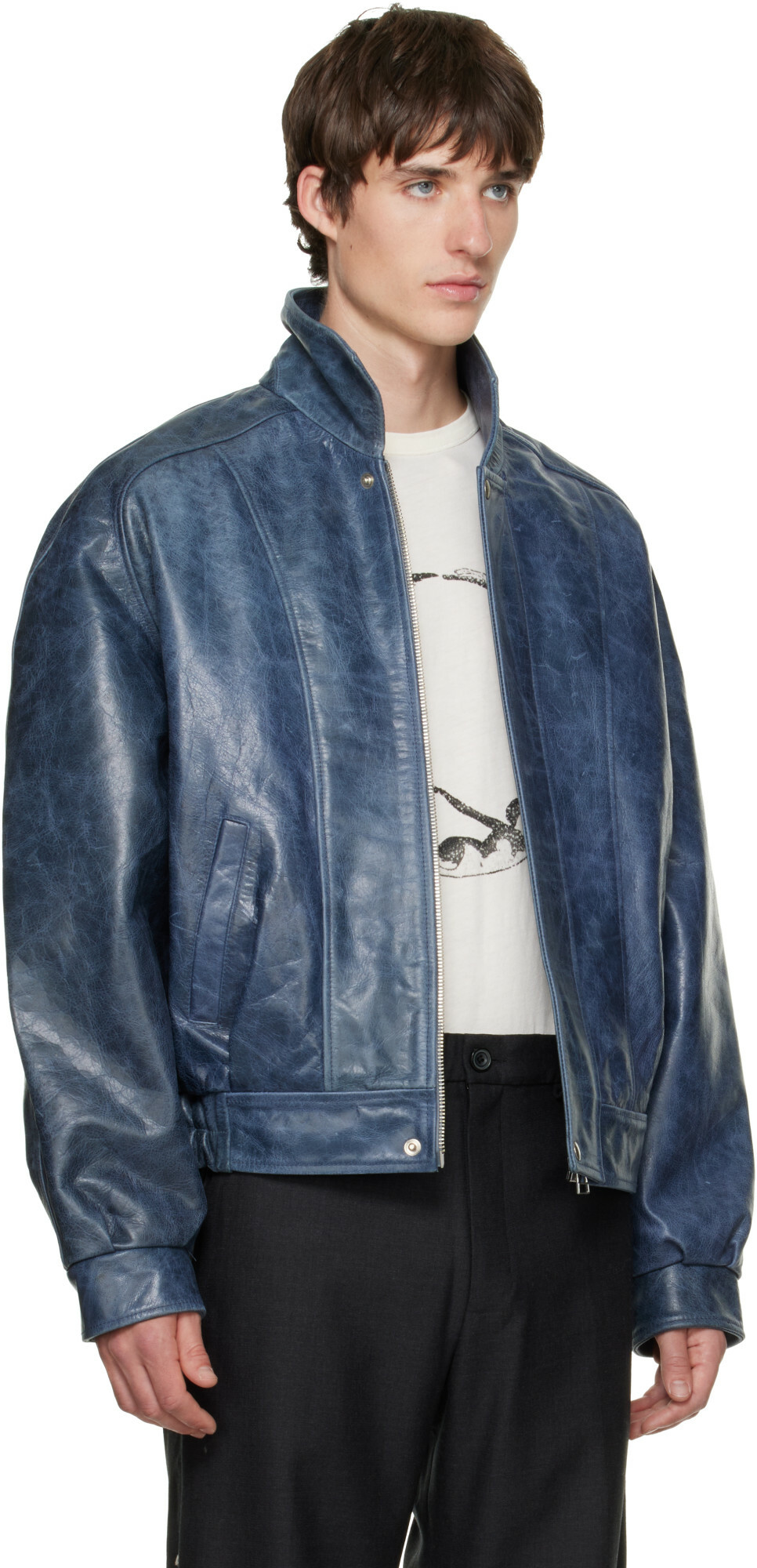 BLUEMARBLE Blue Curved Shoulder Leather Blouson Jacket