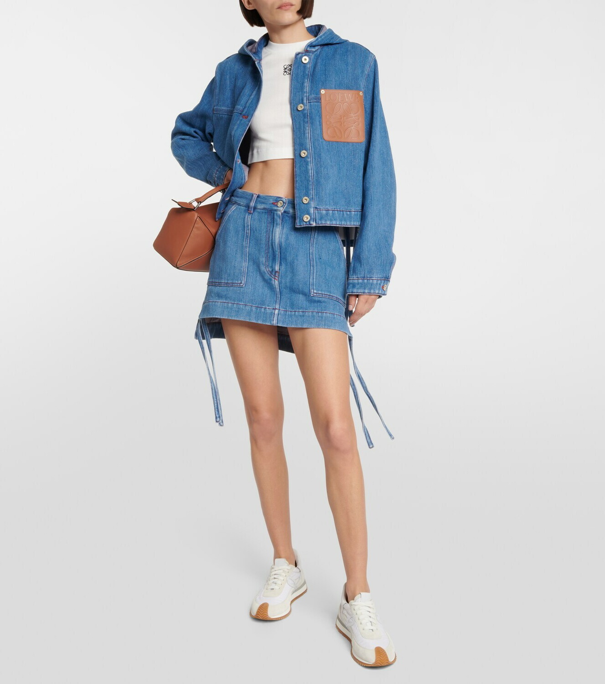 【LOEWE】 Anagram leather-trimmed denim miniskirt Anagram leather-trimmed denim miniskirt in blue - Loewe