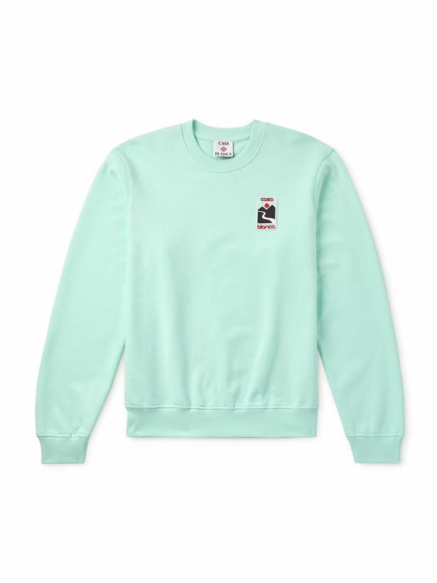 Photo: Casablanca - Sunset Valley Logo-Appliquéd Organic Cotton-Jersey Sweatshirt - Green