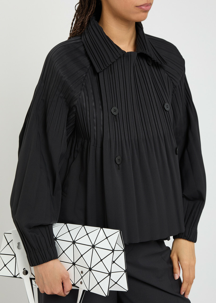 Pleats Please Issey Miyake Double-breasted Pleated Woven Coat Black