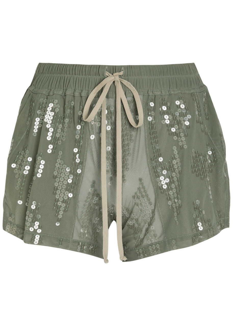 Rick Owens Lilies Ricamati Embellished Stretch-tulle Shorts Light Green
