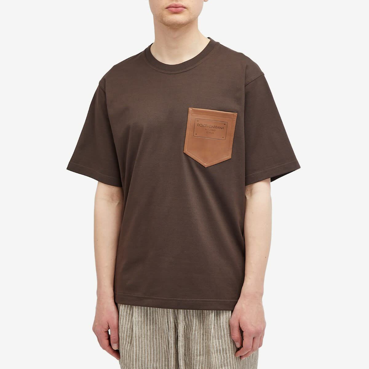 Dolce & Gabbana Men's Leather Pocket T-Shirt in Brown Dolce