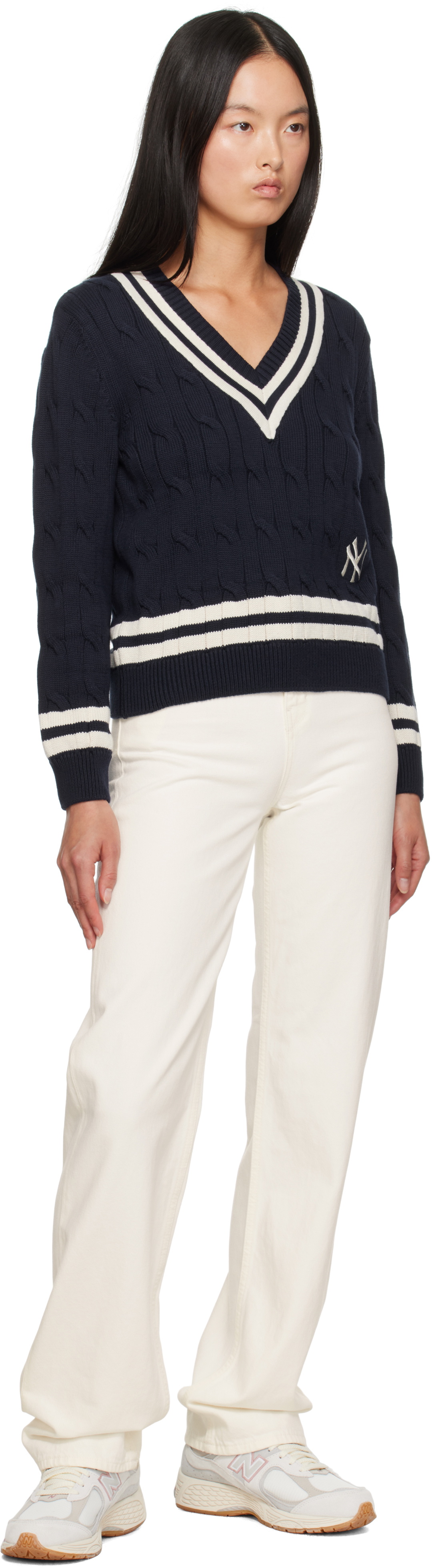 Sporty & Rich Navy '47 Edition Yankees Serif Cable Knit Sweater