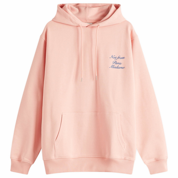 Photo: Drôle de Monsieur Men's Cursive Not From Paris Madame Slogan Hoodie in Light Pink