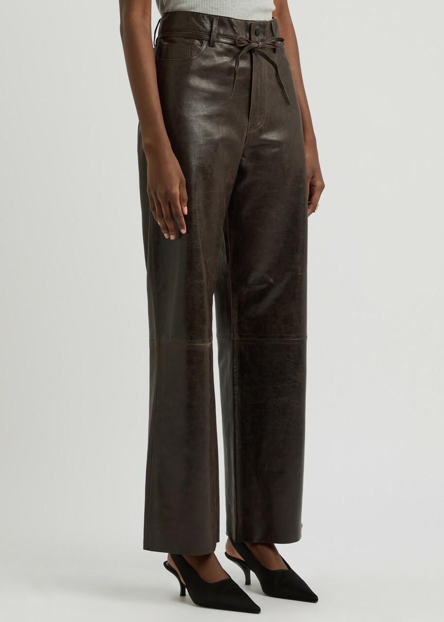 Day Birger ET Mikkelsen Elijah Belted Straight-leg Leather Trousers Brown