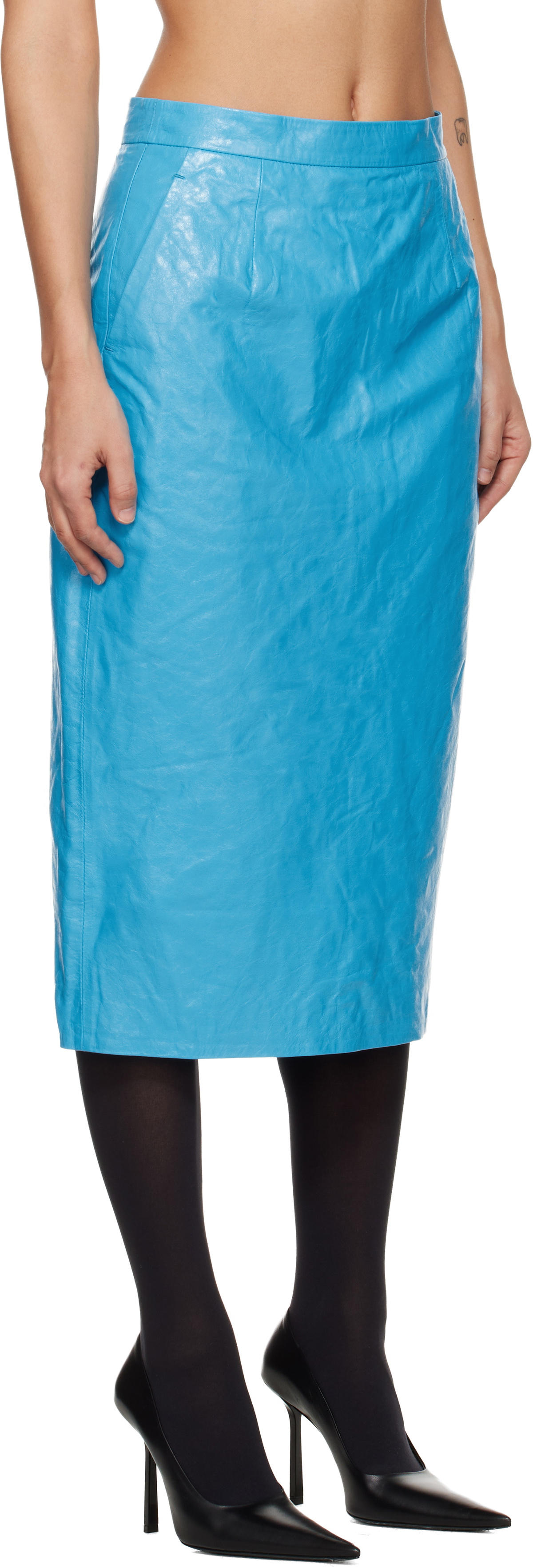 WILLY CHAVARRIA Blue Tubo Leather Midi Skirt
