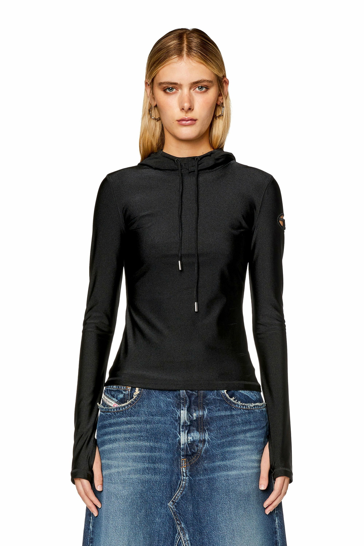 Diesel Hoodie in shiny stretch nylon - T-Shirts Womens in Black