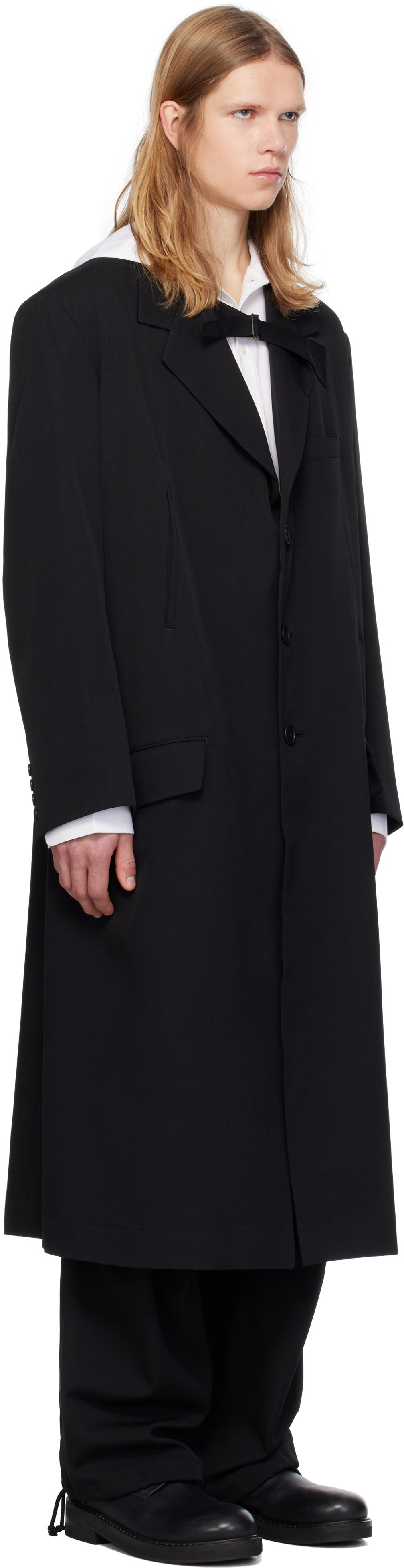 Y's For Men Black Lapel Buckle Tab Coat