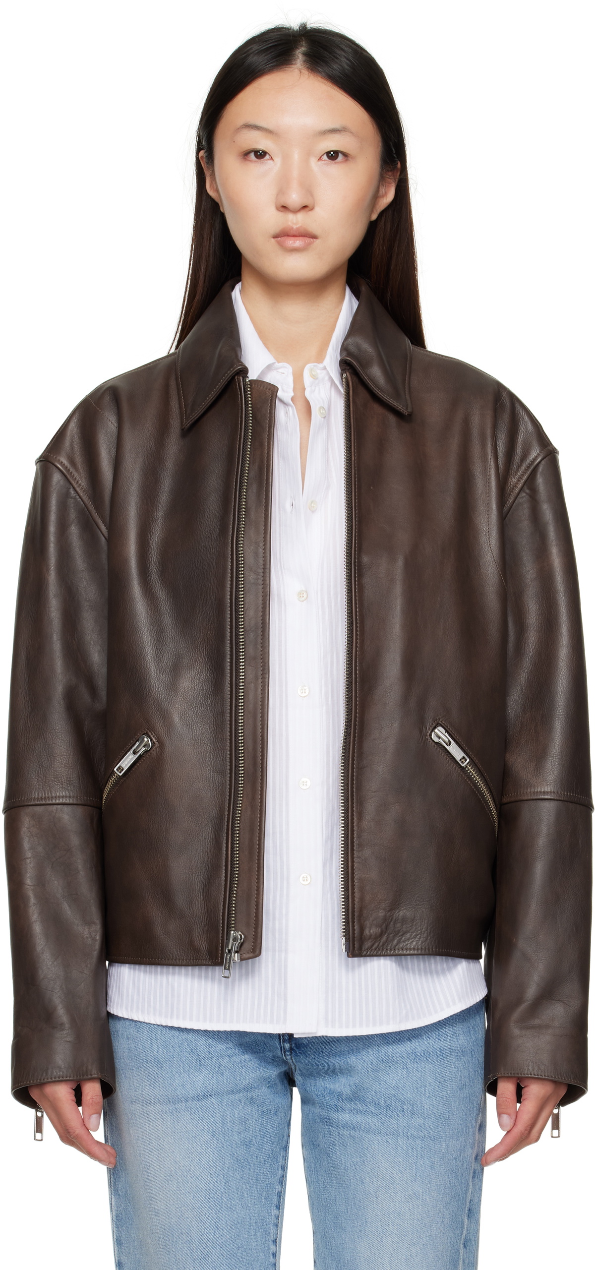 Calvin Klein Brown Biker Distressed Leather Jacket