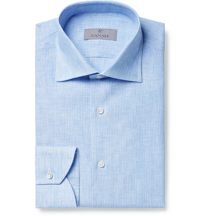 Photo: Canali - Light-Blue Slim-Fit Pinstriped Linen Shirt - Blue