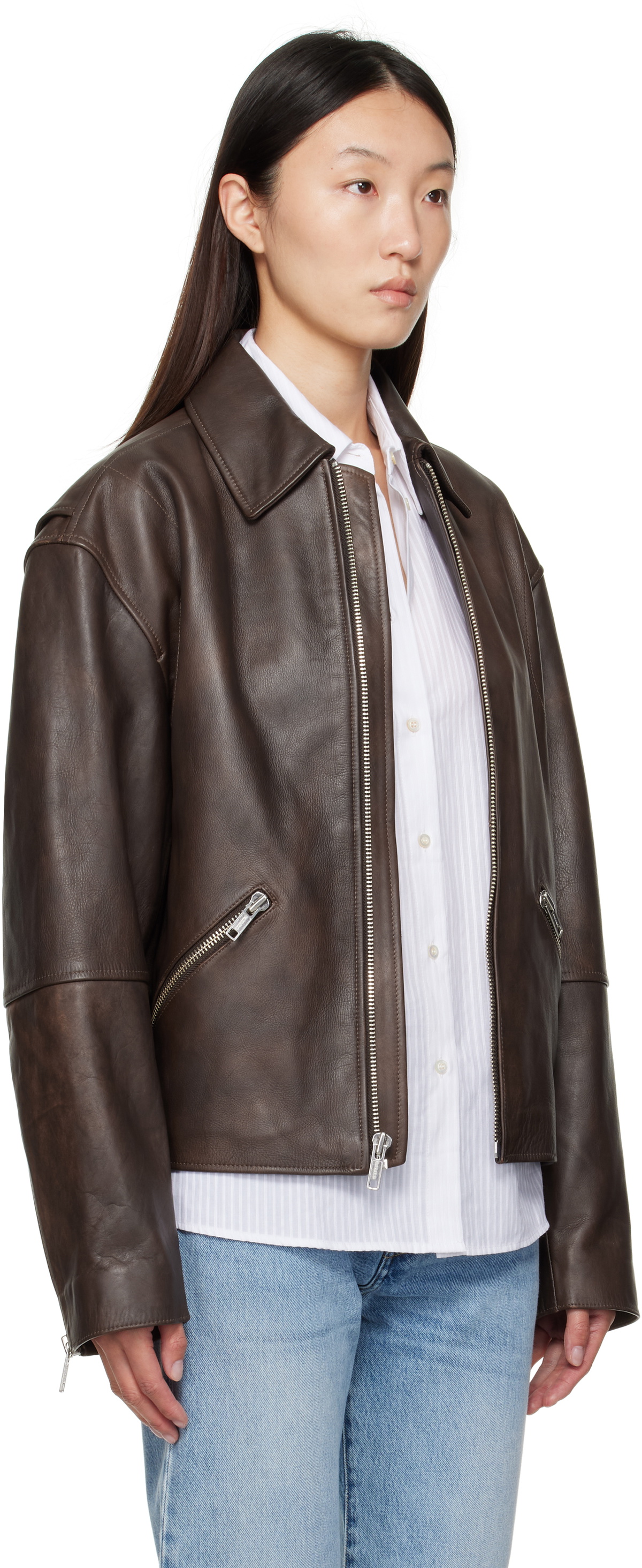 Calvin Klein Brown Biker Distressed Leather Jacket