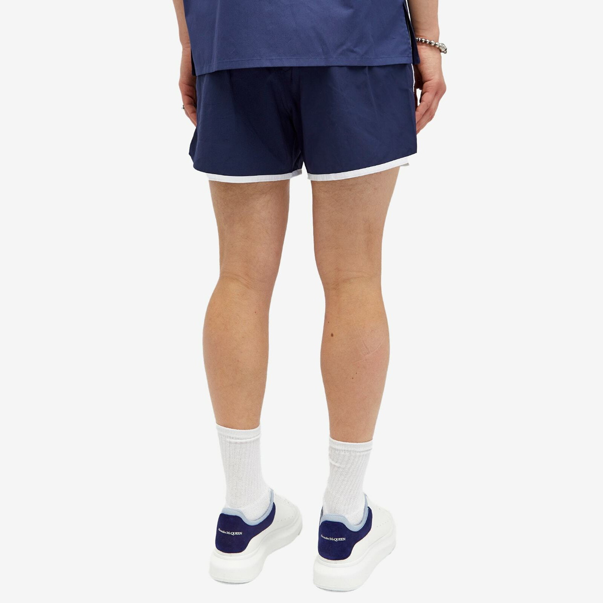 Alexander McQueen Men's Varsity Skull Logo Swim Shorts in Indigo/White