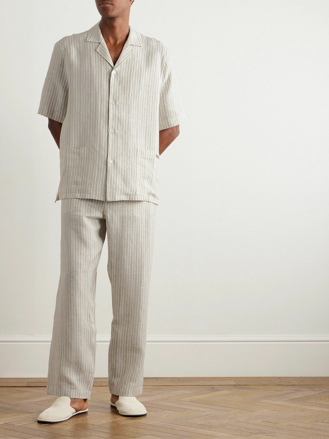 Zegna - Logo-Embroidered Striped Linen Pyjama Set - Neutrals