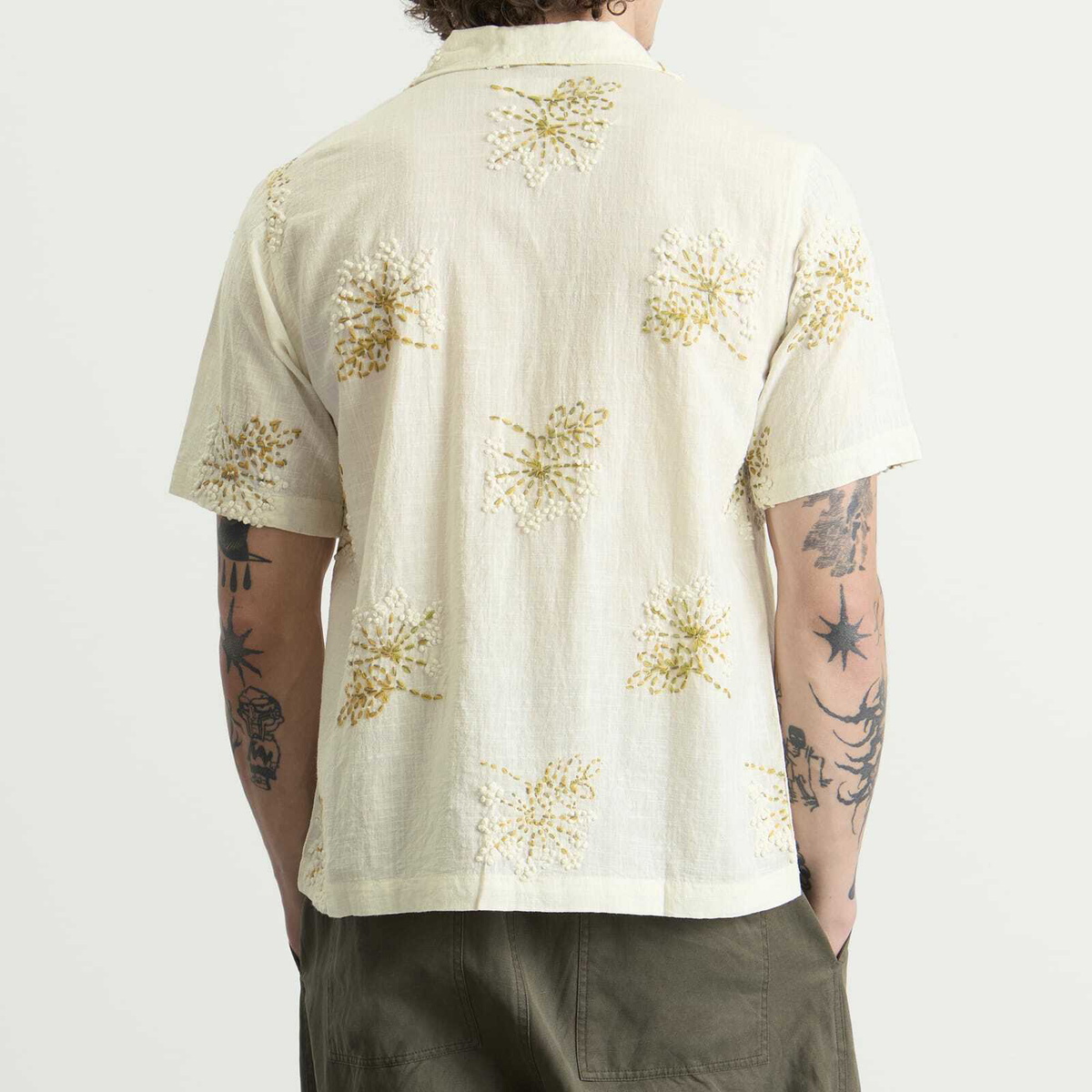 Universal Works Men's Hand Embroidered Stripe Road Shirt in Ecru