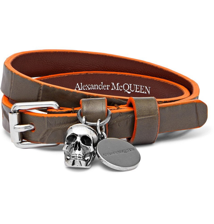 Photo: Alexander McQueen - Leather and Silver-Tone Wrap Bracelet - Men - Green