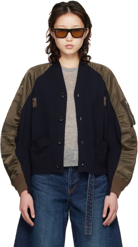 Photo: sacai Green & Navy Nylon Twill Knit Cardigan