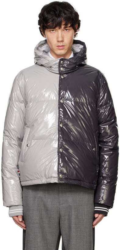 Photo: Thom Browne Black & Gray Funmix Detachable Hood Down Jacket