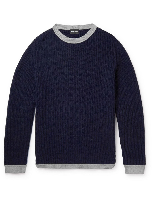 Photo: Giorgio Armani - Two-Tone Ribbed Cashmere and Cotton-Blend Sweater - Blue