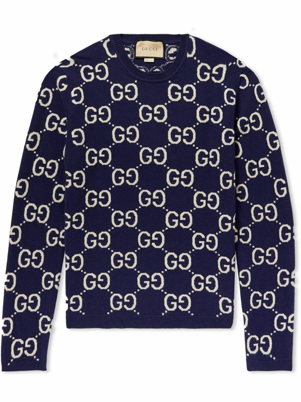 Photo: GUCCI - Logo-Jacquard Wool Sweater - Blue