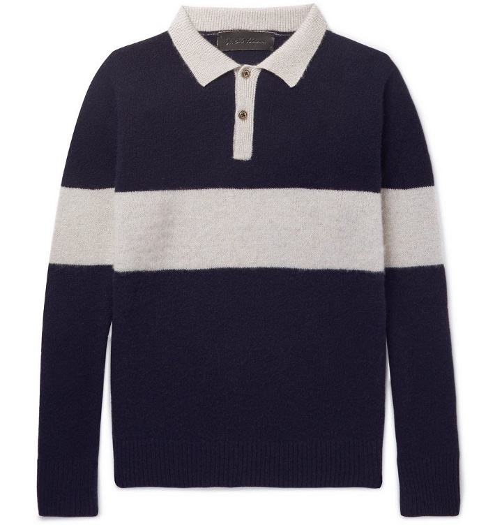 Photo: The Elder Statesman - Striped Knitted Cashmere Polo Shirt - Navy