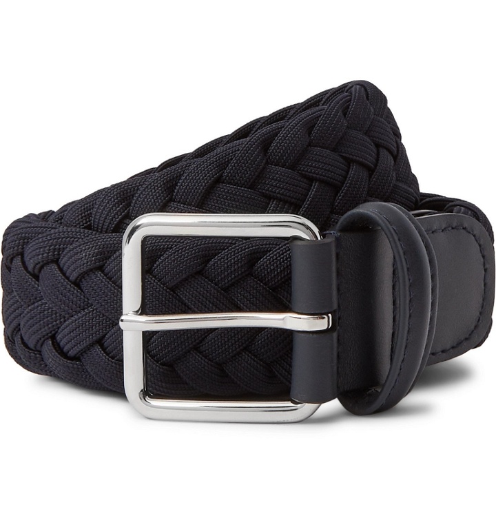 Photo: Anderson's - 4cm Navy Leather-Trimmed Woven Elastic Belt - Blue