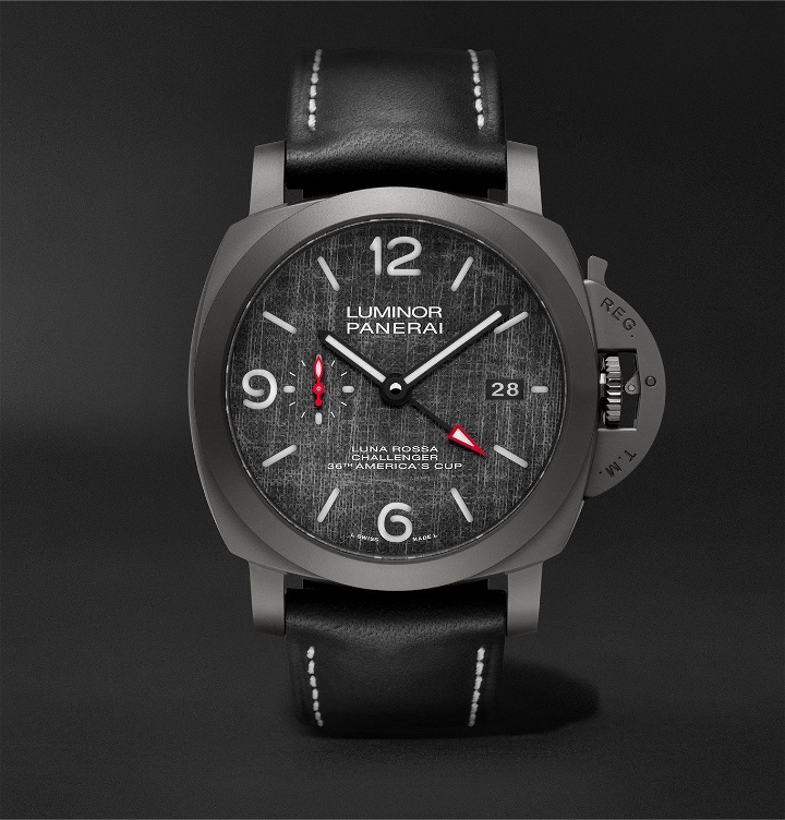 Photo: Panerai - Luminor Luna Rossa Challenger Automatic GMT and Flyback Chronograph 44mm Titanium and Leather Watch - Black