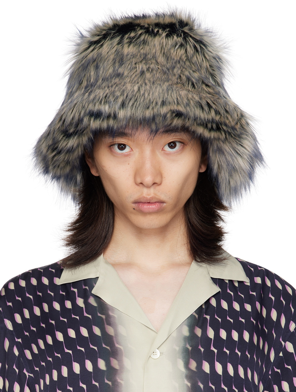 Dries Van Noten Navy & Off-White Faux Fur Bucket Hat Dries Van Noten