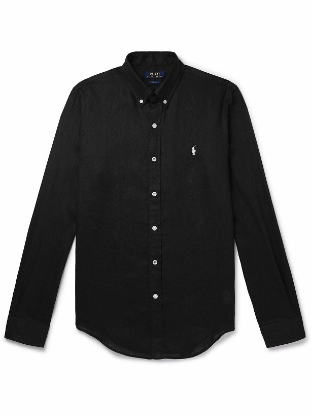 Photo: Polo Ralph Lauren - Button-Down Collar Logo-Embroidered Linen Shirt - Black