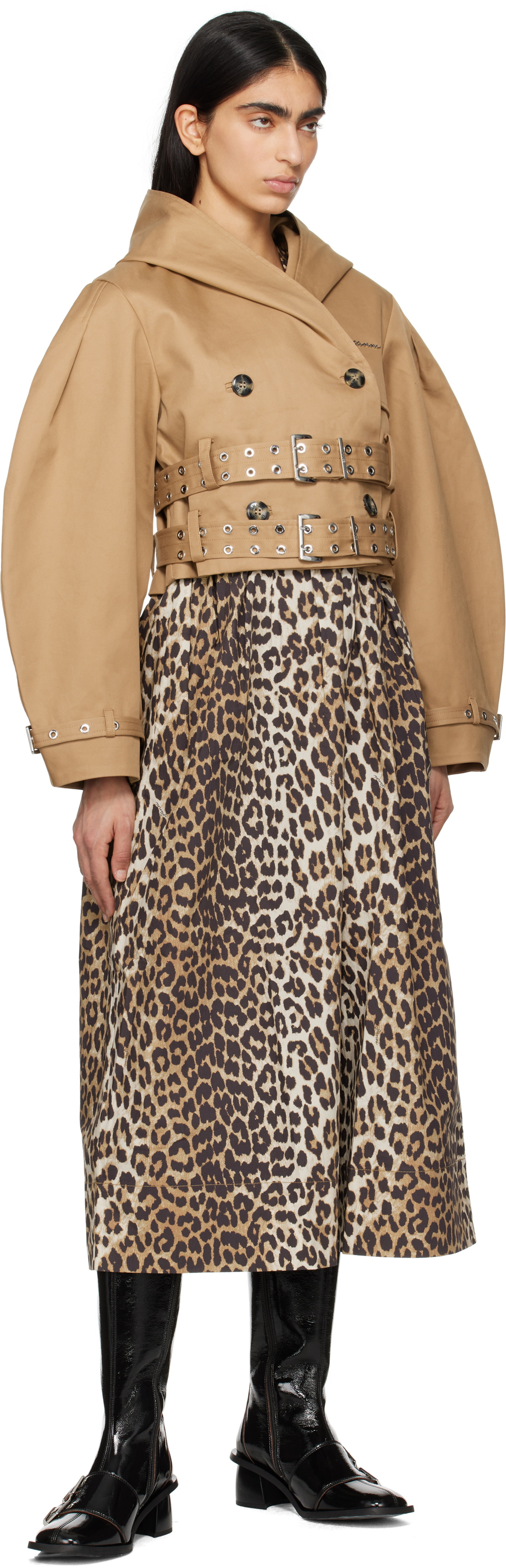 GANNI Tan Bonded Cotton Short Trench Jacket GANNI