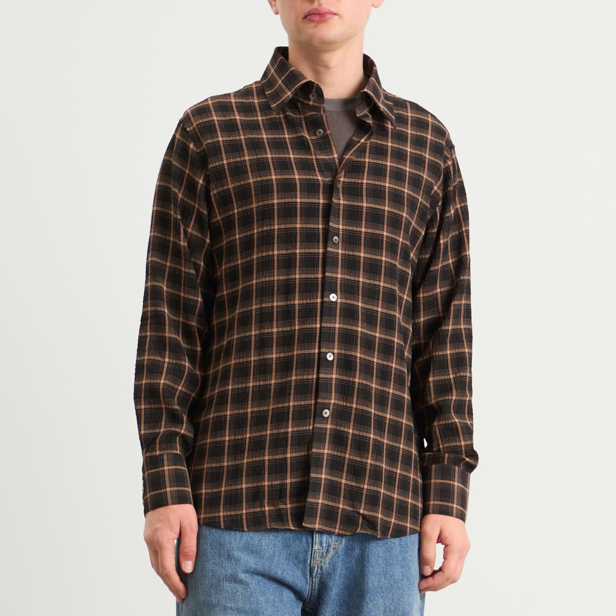 Carter Young Men's Plaid Business Shirt in Brown Check