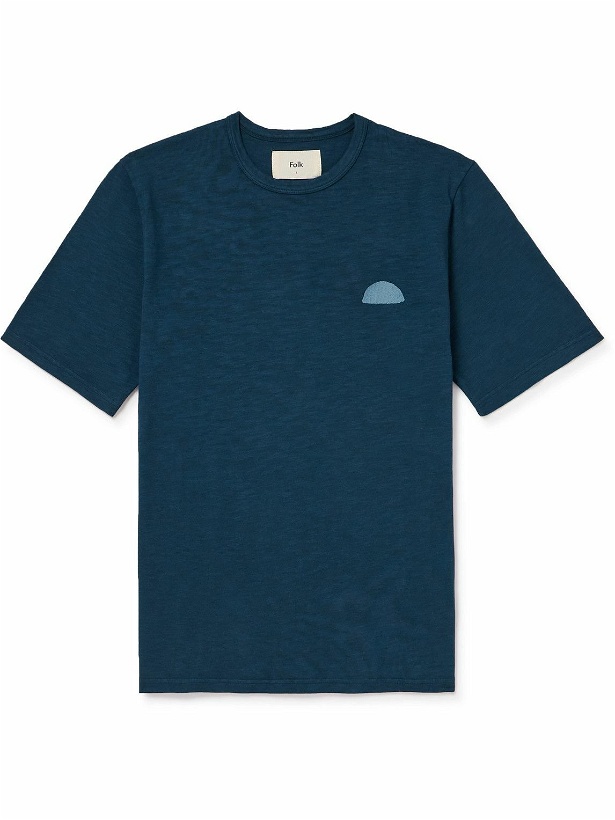 Photo: Folk - Embroidered Slub Cotton-Jersey T-Shirt - Blue