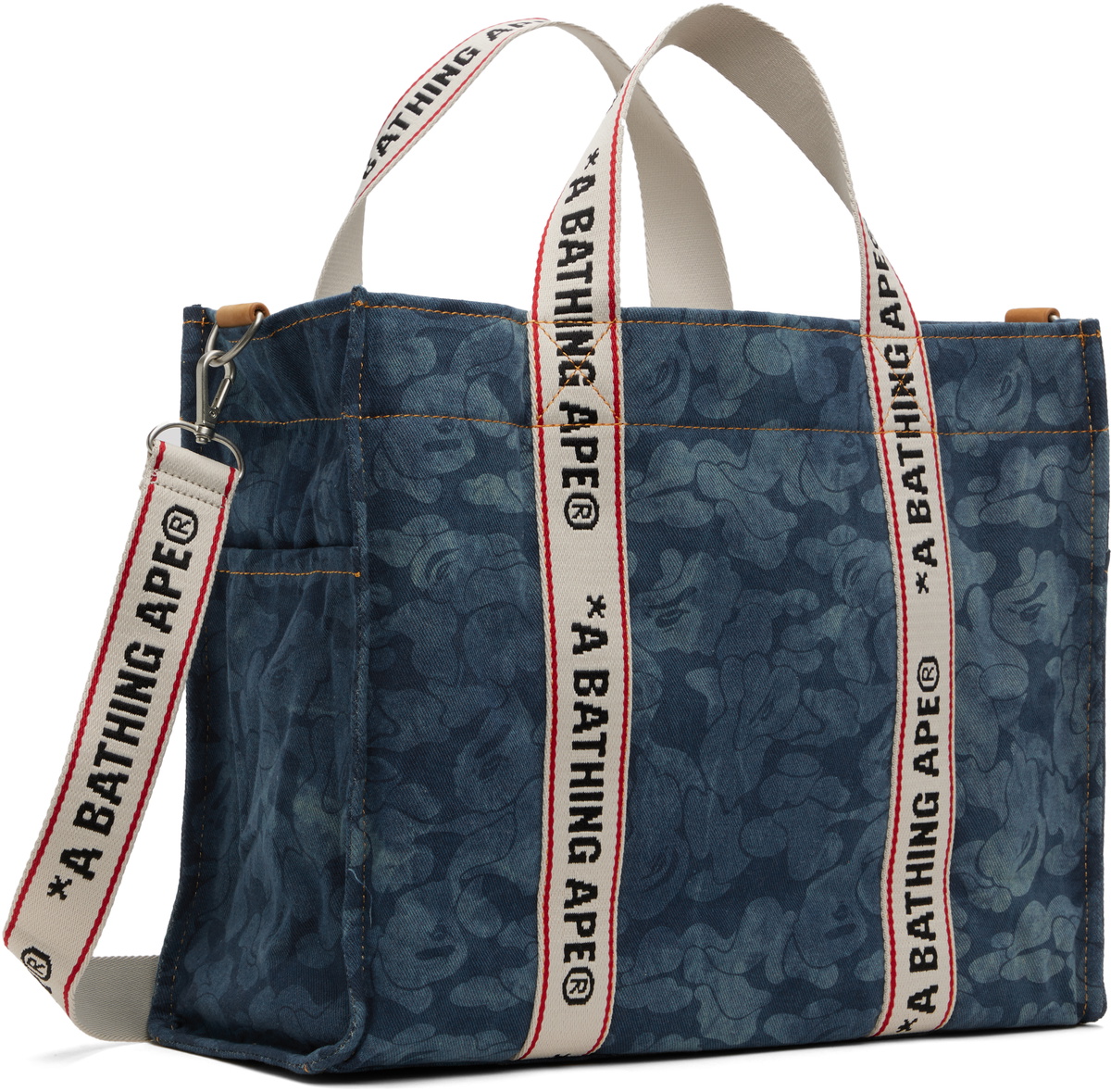 バッグ A BATHING APE PATTERN DENIM HANDBAG L BAPE Blue Solid Camo Denim 2Way Tote A Bathing Ape