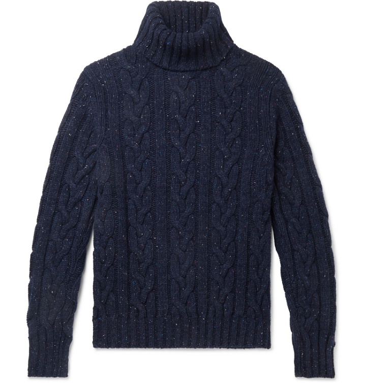 Photo: Kingsman - Cable-Knit Donegal Wool and Cashmere-Blend Rollneck Sweater - Blue