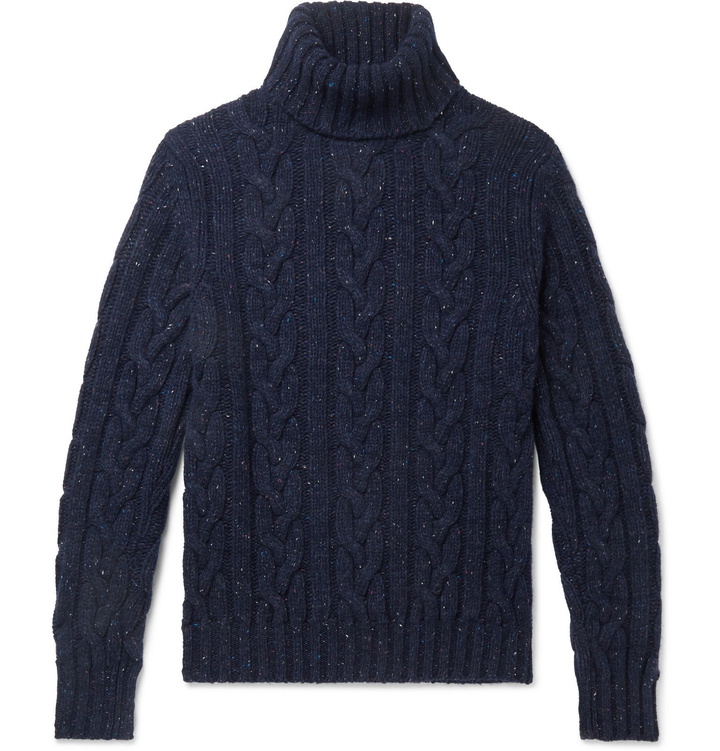 Photo: Kingsman - Cable-Knit Donegal Wool and Cashmere-Blend Rollneck Sweater - Blue