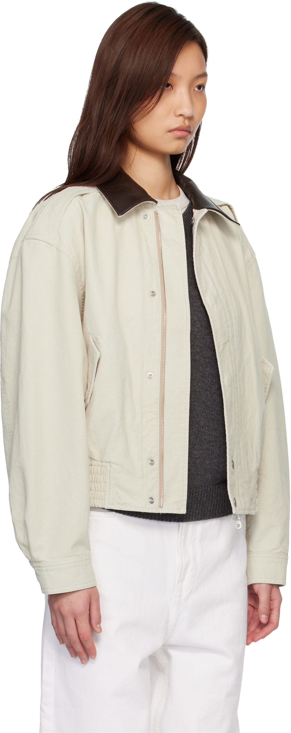 COOR Beige Leather Collar Washed Cationized Bomber Jacket