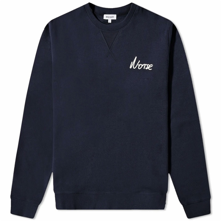 Photo: Norse Projects Men's Arne Relaxed Chain Stitch Logo Crew Sweat in Dark Navy