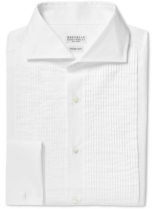 Photo: Brunello Cucinelli - Slim-Fit Bib-Front Double-Cuff Cotton-Poplin Tuxedo Shirt - White