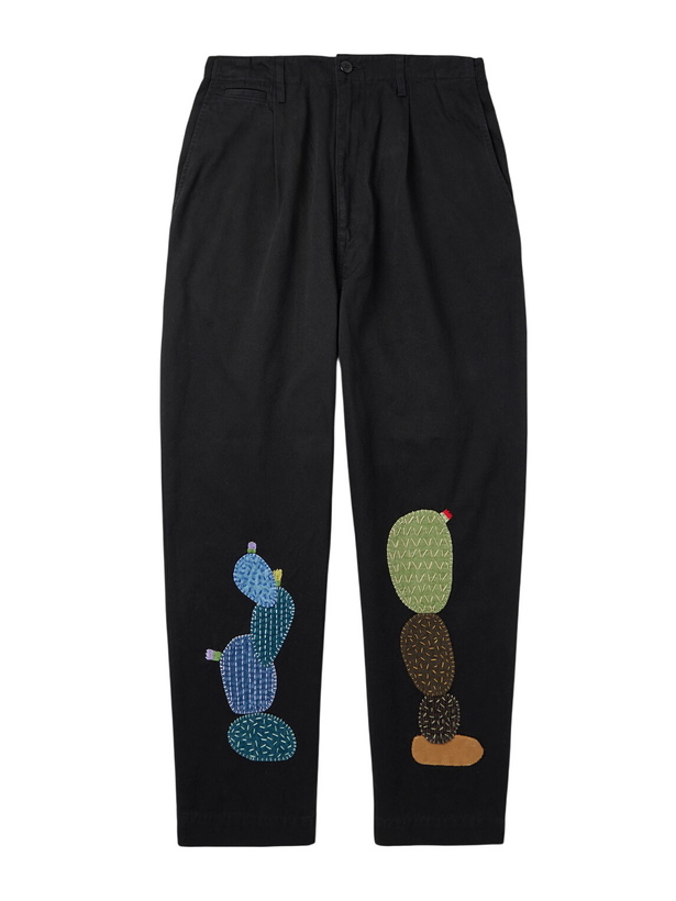 Photo: KAPITAL - Nime Wide-Leg Appliquéd Cotton-Twill Trousers - Black