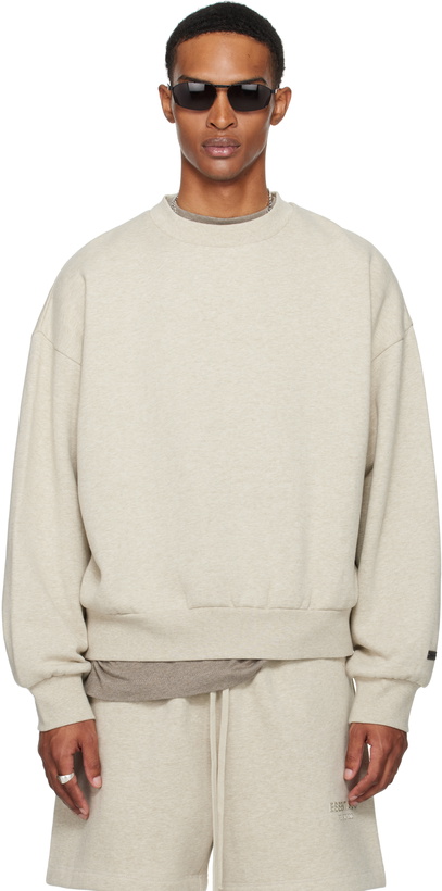 Photo: Fear of God ESSENTIALS Beige Classic Fit Fleece Crewneck Sweatshirt