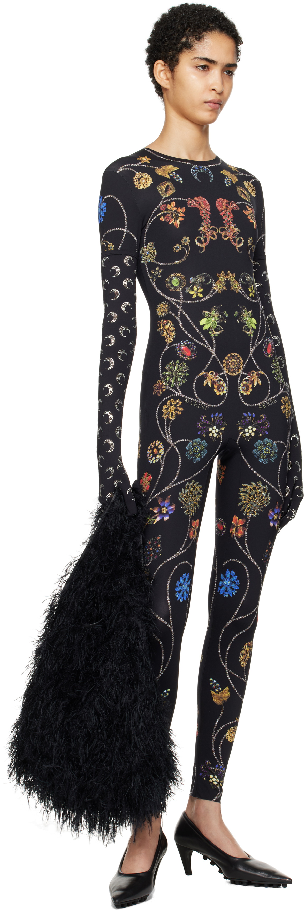 Marine Serre Black Floral Jewelry Printed Jersey Bodysuit