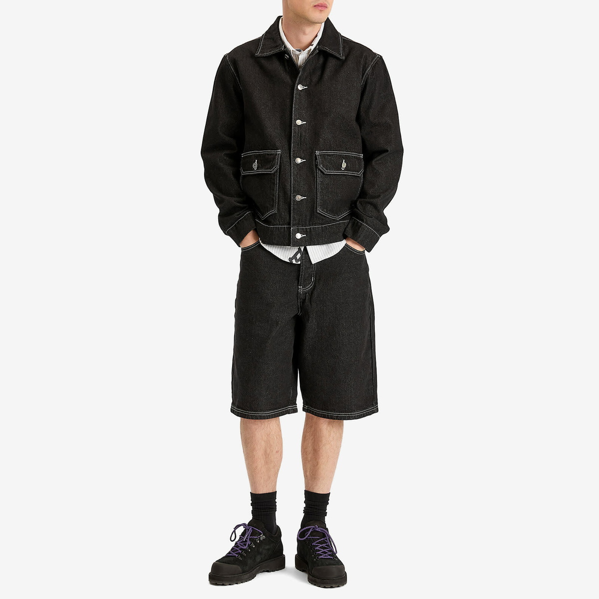 Pop Trading Company Men's Full Button Denim Jacket in Black Denim