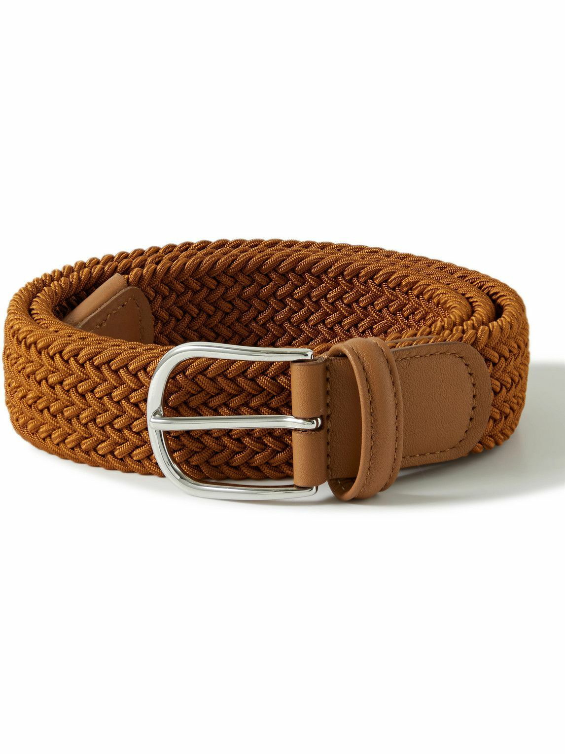 Anderson's - 3.5cm Leather-Trimmed Woven Elastic Belt - Brown Anderson's