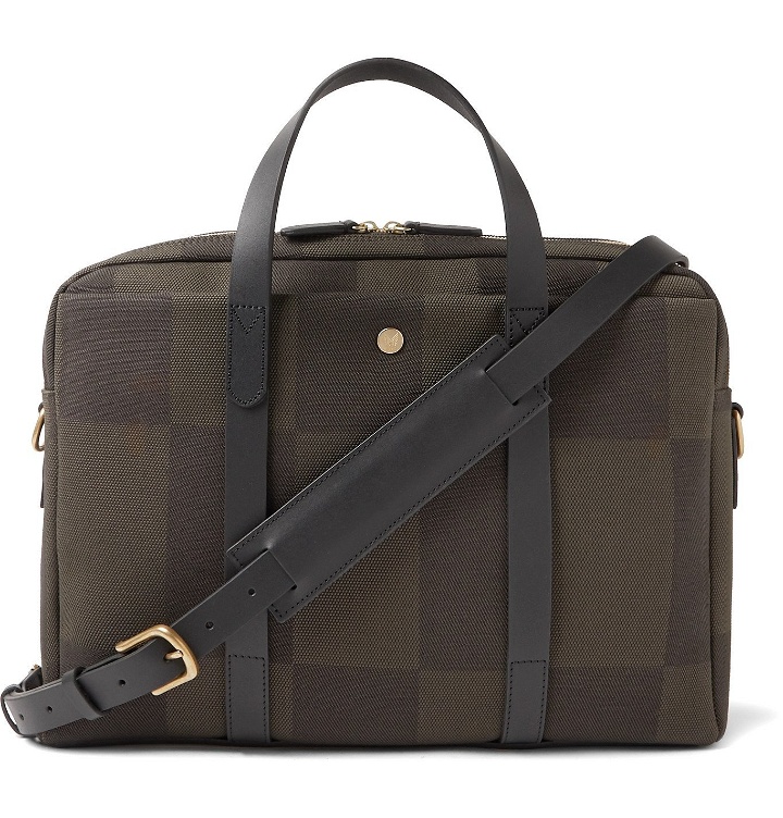 Photo: Mismo - Endeavour Leather-Trimmed Checked Canvas-Jacquard Briefcase - Green