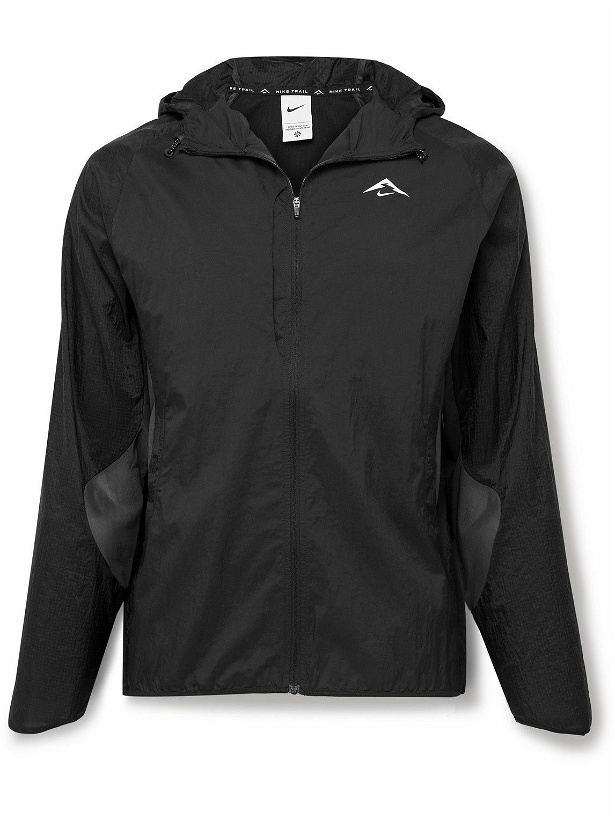 Photo: Nike Running - Trail Aireez Logo-Print Mesh-Trimmed Ripstop and Crinkled-Shell Jacket - Black