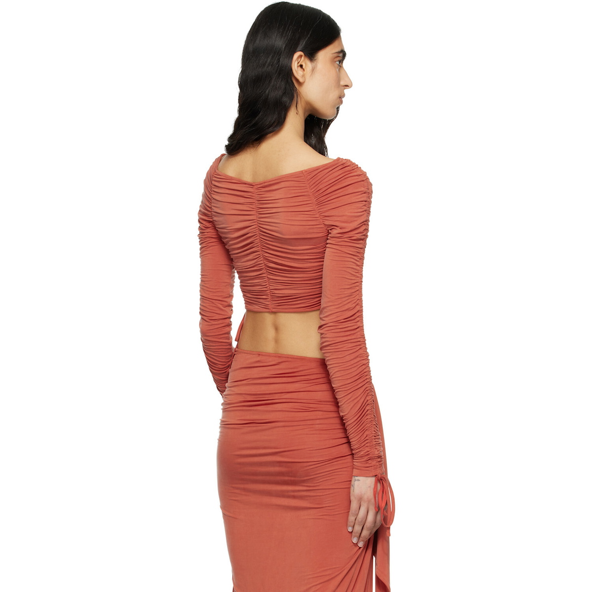BALMAIN Orange LS Cropped Draped Jersey Top