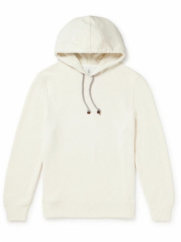 Photo: Brunello Cucinelli - Brushed Cotton-Jersey and Ribbed Virgin Wool, Cashmere and Silk-Blend Hoodie - White