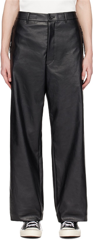 Photo: N.Hoolywood Black Drawstring Faux-Leather Trousers
