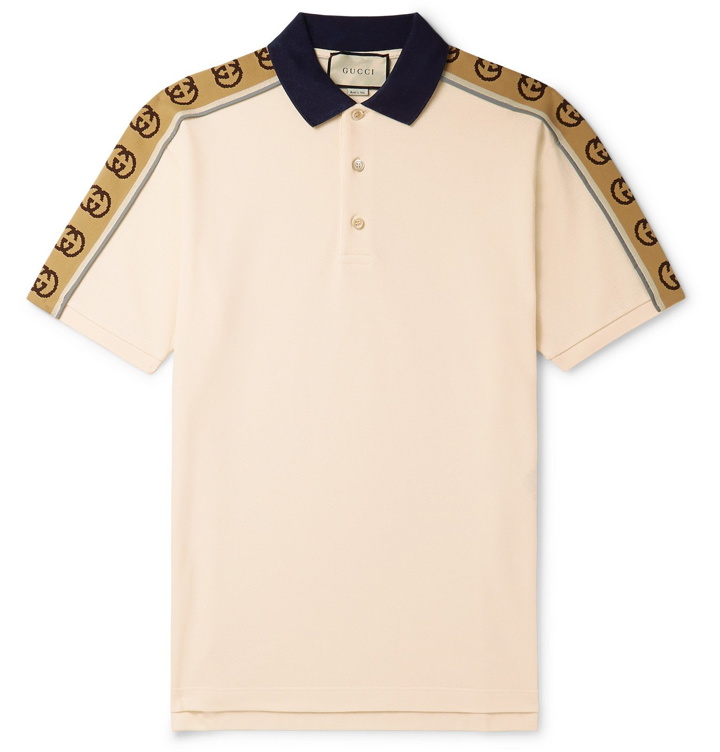 Photo: Gucci - Logo-Jacquard Webbing-Trimmed Stretch-Cotton Piqué Polo Shirt - Neutrals