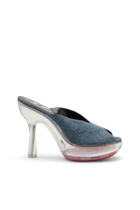 Photo: Diesel D-Lake-Platform mules in denim and plexiglass - Sandals Womens in Blue