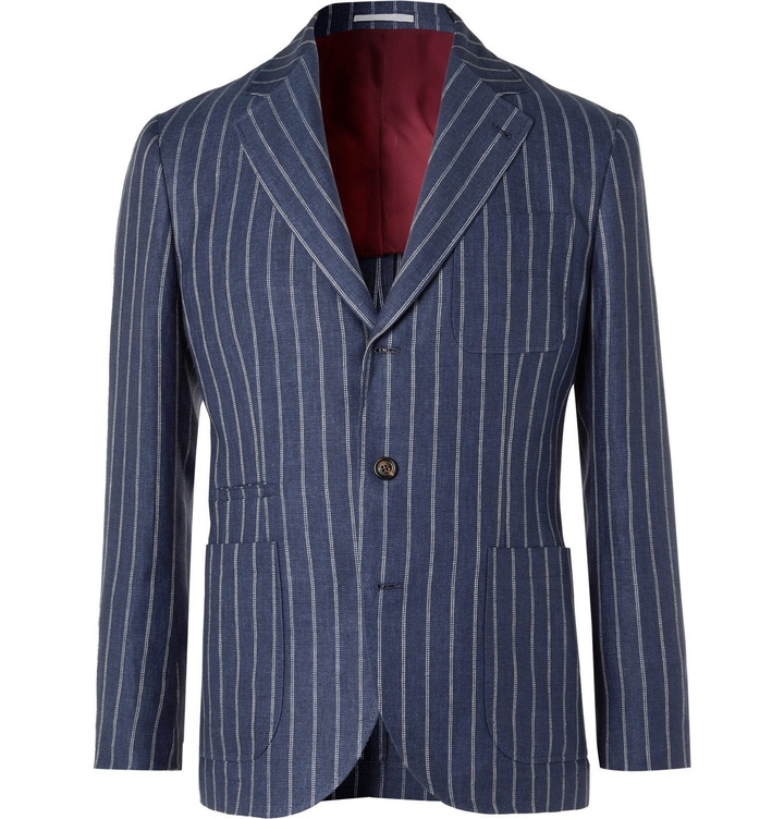 Photo: Brunello Cucinelli - Slim-Fit Unstructured Striped Linen Blazer - Blue